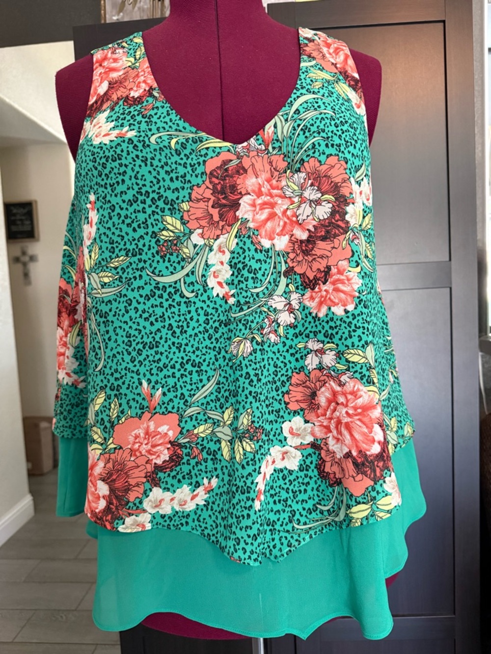 torrid Green Floral Layered Camisole with Coral Blooms